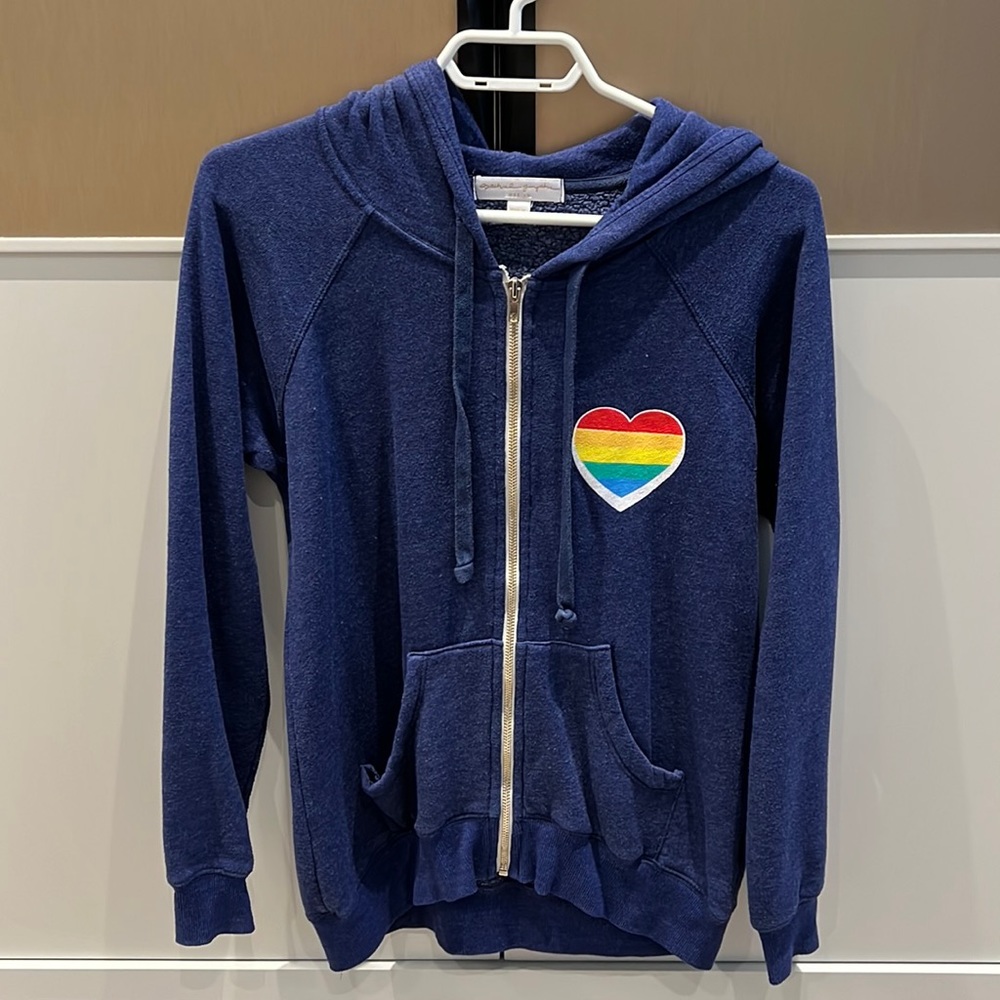 Spiritual Gangster Navy Zip Hoodie with Rainbow Heart Patch